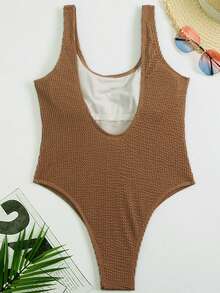 Solid Textured Sexy Backless Athletic One-Piece Swimsuit Summer - Coffee Brown - View 4