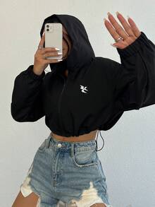 1pc Fashionable Casual Girl Hooded Zip-Up Embroidered Short Jacket - Black - View 3