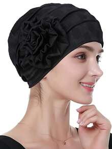 1pc New Solid Color Floral Side Patch Headscarf, Muslim Turban Hat - A - View 13
