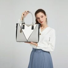 Leather Look V-Shape Shoulder Handbag Lightweight Medium Tote Bag For Women With Adjustable Strap Fashionable Satchel Purse For Work And Casual Use - Brown - View 7