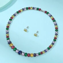 1 套/3 件欧洲时尚锆石项链和耳环套装，优雅珠宝套装，适合女士婚礼/派对