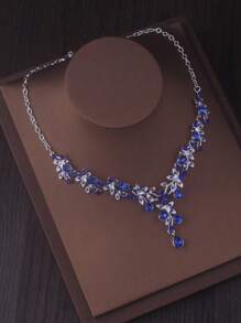 Luxury Bride Jewelry Set: Crystal Water Drop Necklace & Earrings In Purple, Blue, Red - Wedding Dress, Formal Gown, Stage Performance Accessory