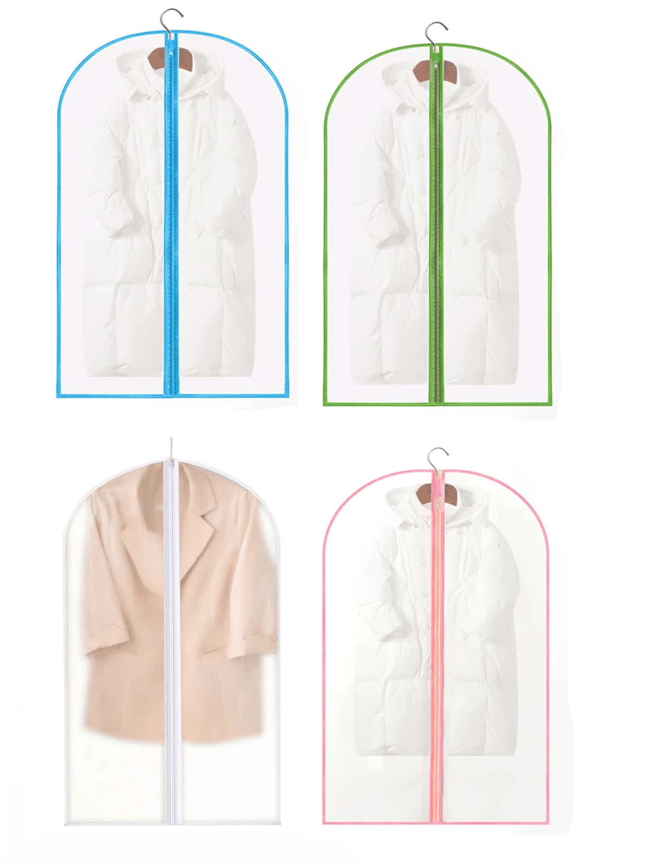 5 件装优质纹理多色衣服防尘罩粉色、绿色、蓝色、白色透明加厚衣服罩防尘罩防尘挂衣袋防尘袋防尘罩衣服罩收纳，加厚拉链西装罩，衣物收纳袋，防水服装罩，衣服防尘罩衣柜防尘罩，服装大衣保护罩，轻便衣柜收纳袋，带全拉链，适用于大衣和衣服防风 - 多色 - 查看 1