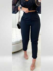 Women's Crepe Pants Tailoring Style High Waist Straight Cut Social Fashion - màu đen - Xem 2
