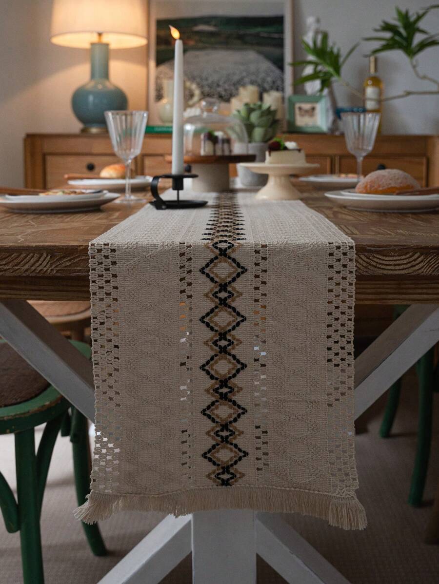 1pc CreamColor Boho Macrame Tassel Table Runner, Rustic Home Decor For