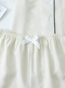Summer Contrast Trim Polo Collar Pocket Heart Graphic Button Up Top And Bowknot Shorts Pajama Set - White - View 5