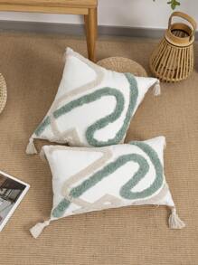 1pc/2pcs Geometric Line Pattern Plush Embroidered Decorative Pillow Cover, Cotton Twill Fabric, Nordic Style With Tassels, Suitable For Room, Living Room Sofa, Waist Cushion, Holiday, Birthday, Party, All Seasons, Without Filler, 30*50cm, 45*45cm