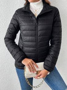 Chaqueta De Plumón De Manga Larga Con Cremallera Frontal - Negro - Ver 3