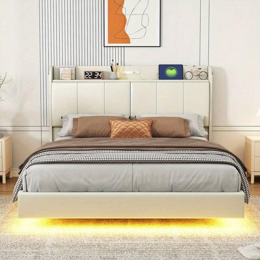 Queen Size Floating Bed Frame With Storage Headboard, Modern Upholstered Platform Bed With Touch Sensor Night Light And USB Charger, Beige - Màu be + Gỗ + Nữ Hoàng + Khung Giường - Xem 1