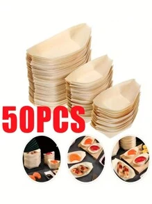 50 件米色木制寿司船托盘，竹制餐具托盘，船形开胃菜盘，适用于香肠、薯条、寿司、餐饮和家庭使用