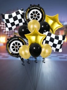 12pcs Racing Car Themed Balloon Set, Includes Racing Flags, Tire & Foil Balloon For Birthday Party Decor, - Multicolor - View 6