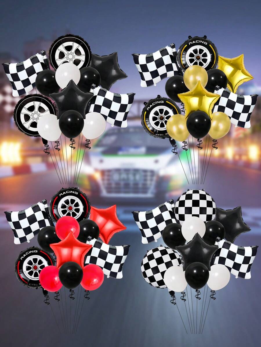 12pcs Racing Car Themed Balloon Set, Includes Racing Flags, Tire & Foil Balloon For Birthday Party Decor, - Multicolor - View 1