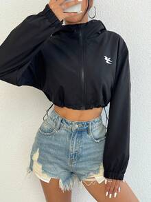 1pc Fashionable Casual Girl Hooded Zip-Up Embroidered Short Jacket - Black - View 1