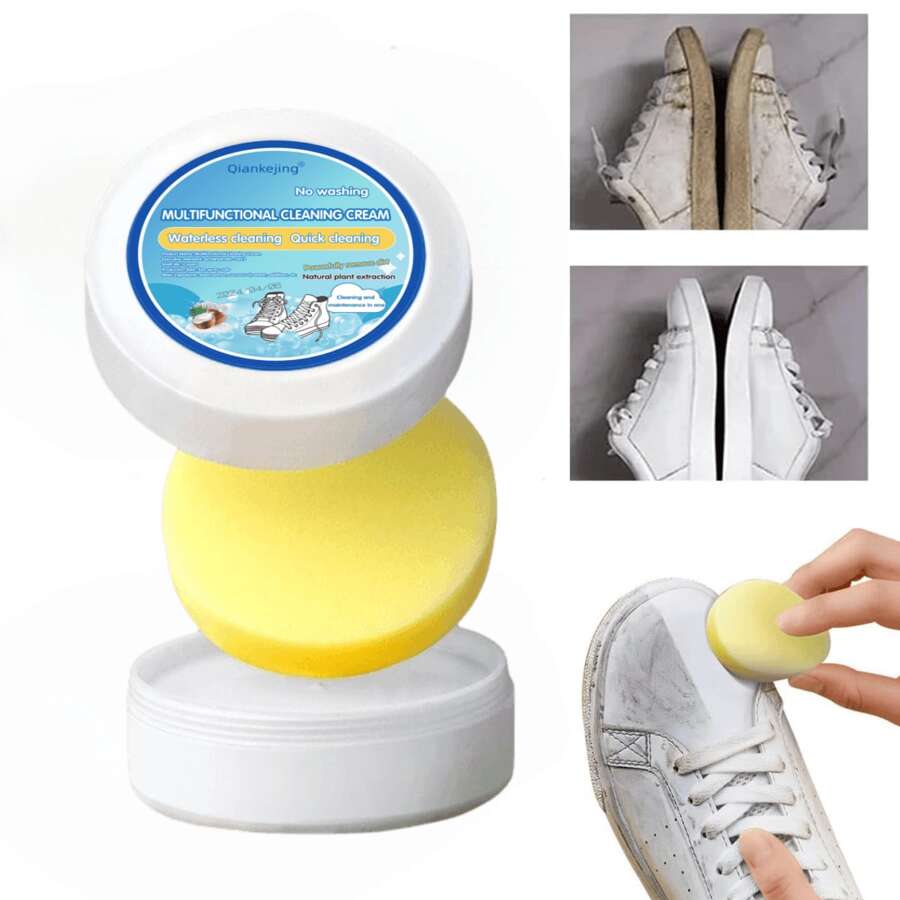 Kem làm sạch và loại bỏ vết bẩn đa chức năng mới, Kem làm sạch giày trắng bằng bọt biển, Kem làm sạch đa năng, Nước lau giày màu trắng, Dán rắn khử trùng giày (1 cái có miếng bọt biển) - Trắng - Xem 1