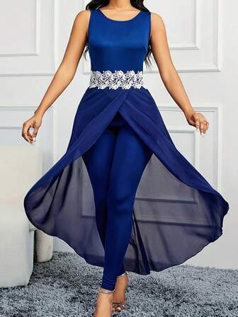 Casual Chiffon Patchwork Backless Bodycon Jumpsuit For Women