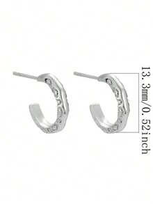 S925 纯银 C 形镂空中心和实心边缘耳钉，适合女士日常佩戴 - 銀色 - 查看 6