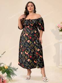 Double Crazy Off Shoulder A-Line High Slit Sexy Printed Dress