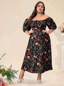 Double Crazy Off Shoulder A-Line High Slit Sexy Printed Dress - Red - View 5