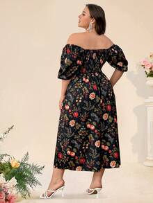 Double Crazy Off Shoulder A-Line High Slit Sexy Printed Dress - Red - View 2