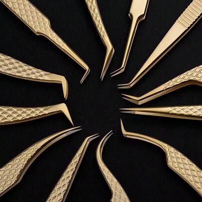Stainless Steel Precision Beauty Tweezers, Non-Slip Pointed Tip Design, Lightweight Golden Textured Tweezers, Extended Non-Slip Handle, Eyelash Extension Specialist Tool, High-Precision Stainless Steel Odorless, Eyelash Curler Extension Tweezers, Eyelash Artist Essential, Diamond Tip Eyelash Tweezer Set