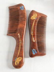 1把檀木梳，饰有手绘彩色箔纸蝴蝶图案，细齿手柄或无柄设计，防静电女士发梳，梳子，美发工具，美发产品及配件，适用于理发店、美容院、返校季、旅行度假等场合，女士必备，梳子，解结梳，球形梳，迷你发梳套装，木梳，发梳，美发设备，发型，美发，发梳，发梳套装，梳子，卷发梳，解结梳，女士发梳，理发配件，理发店，美发设备 - 棕色 - 查看 12