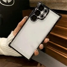 1 Stück schwarze galvanisierte Airbag Sturzsicherungsschale mit integrierter Linsenfolie, transparente Acrylrückwand + TPU Silikon Weichkante PC Hartschale Vollschutz Luxus Handyhülle, staubdichte verdickte Version, kompatibel mit Apple, Galaxy und