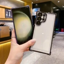 1 Stück schwarze galvanisierte Airbag Sturzsicherungsschale mit integrierter Linsenfolie, transparente Acrylrückwand + TPU Silikon Weichkante PC Hartschale Vollschutz Luxus Handyhülle, staubdichte verdickte Version, kompatibel mit Apple, Galaxy und