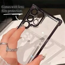 1 Stück schwarze galvanisierte Airbag Sturzsicherungsschale mit integrierter Linsenfolie, transparente Acrylrückwand + TPU Silikon Weichkante PC Hartschale Vollschutz Luxus Handyhülle, staubdichte verdickte Version, kompatibel mit Apple, Galaxy und