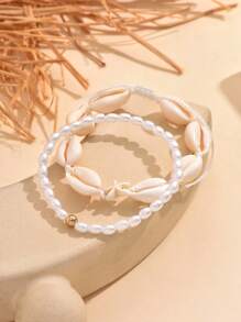 2 pezzi Bracciale alla caviglia bohémien con perle finte, conchiglie e stelle marine per donne, regalo da spiaggia