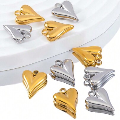 5 pezzi/Confezione Ciondolo a forma di cuore allungato con foro singolo in acciaio inossidabile, dimensione: 1,5 cm x 1,2 cm, accessori per la realizzazione di gioielli fai-da-te per collane, bracciali, orecchini, portachiavi per San Valentino