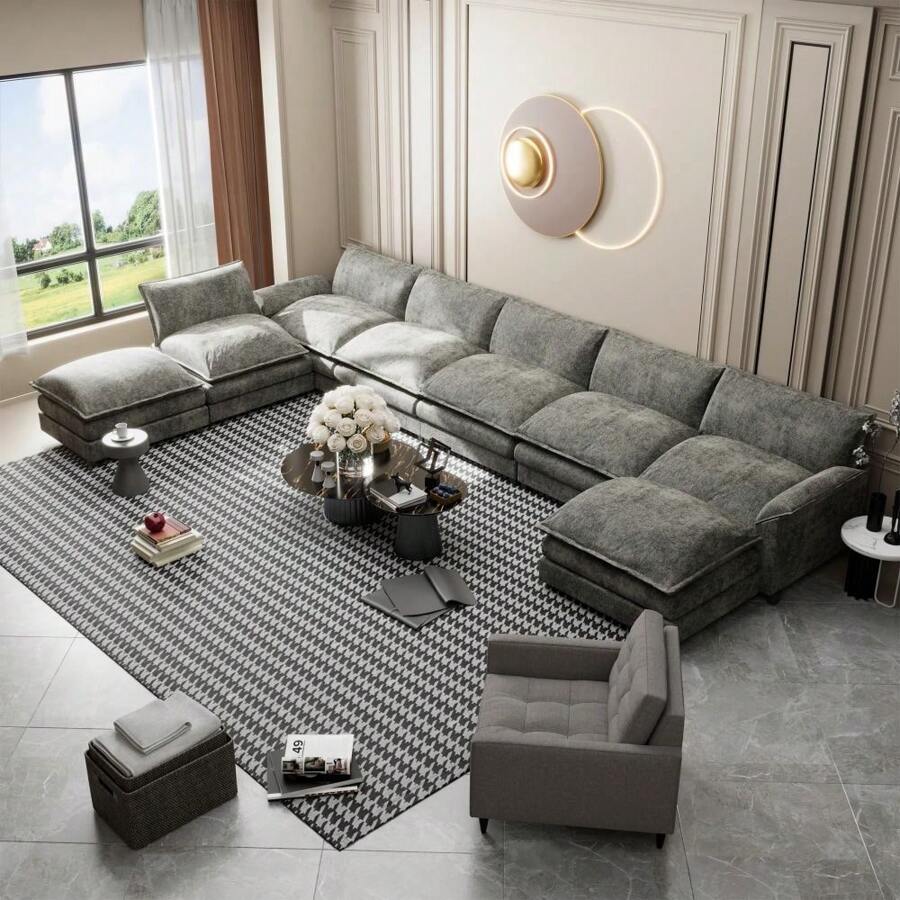 Furniwell 8-Seats U-Shaped Sectional Couch Variable Sofa Couch Set  With Ottomans Convertible Oversized Modular Sectional Sofa With Oversized Soft Seat For Living Room - 灰色 - 查看 1