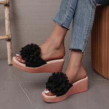 Sandalias de playa con decoración floral, suela de cuerda de lino sintético para mujer. Zapatos de plataforma y cuña negros de moda casual, para todas las estaciones - Negro - Ver 6