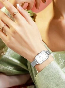 HANNAH MARTIN 1 件时尚方形手表 34 毫米玫瑰金&银色&金色&黑色简约风格原装日本进口机芯不锈钢网状表带女士休闲腕表