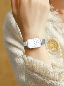 HANNAH MARTIN 1 件时尚方形手表 34 毫米玫瑰金&银色&金色&黑色简约风格原装日本进口机芯不锈钢网状表带女士休闲腕表