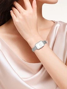 HANNAH MARTIN 1 件时尚方形手表 34 毫米玫瑰金&银色&金色&黑色简约风格原装日本进口机芯不锈钢网状表带女士休闲腕表