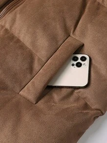 Men's Solid Color Stand Collar Wind & Cold-Resistant Faux Suede Padded Coat - Coffee Brown - View 5