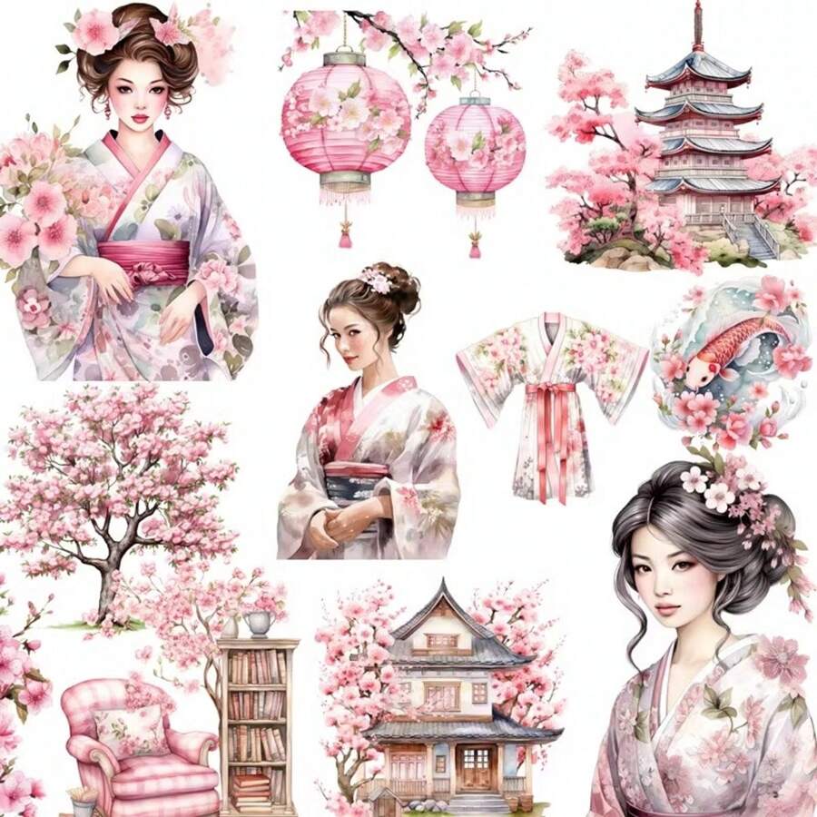 12 Stücke/Set bunte Papier Aufkleber mit japanischen Kirschblüten und Geisha-Motiven für Scrapbooking