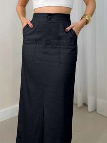 Elegant Women's Linen Long Skirt For Women - الأسود - مشاهدة 3