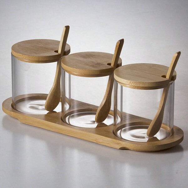 Conjunto de 3 frascos de especias para la cocina con cuchara y soporte de madera, 300 ml, contenedores de vidrio de alta calidad con tapa para sazonar, para almacenar sal, pimienta y azúcar, completo con embudo y etiquetas