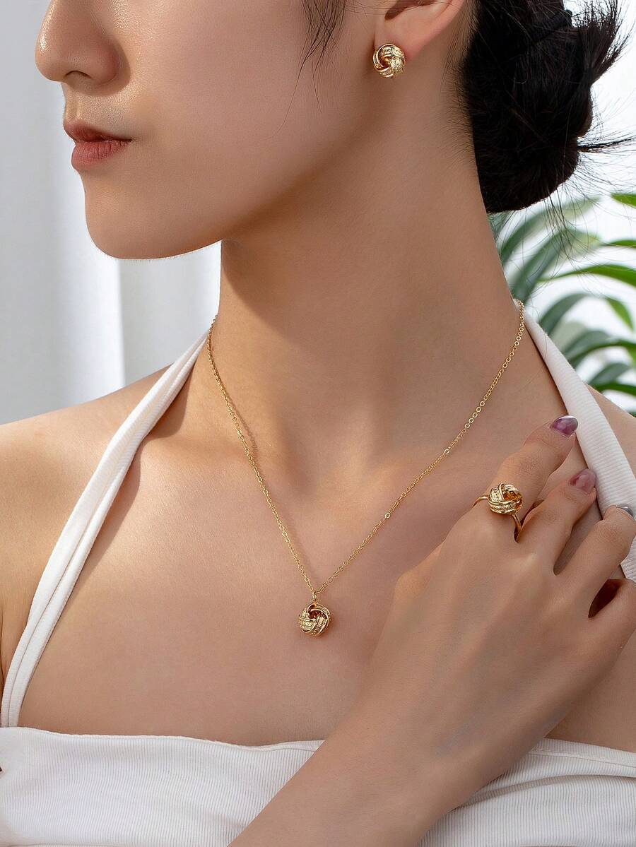 4 cái/bộ Bộ trang sức phong cách Bohemian - Vòng cổ, Nhẫn dệt, Bông tai, Thích hợp để đeo hàng ngày & Quà tặng cho phụ nữ - Vàng - Xem 1
