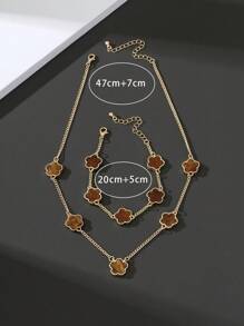 1pc Men Fashion Business Style Lucky Clover Pendant Necklace With A Matching Bracelet Set Valentines - Brown - View 5