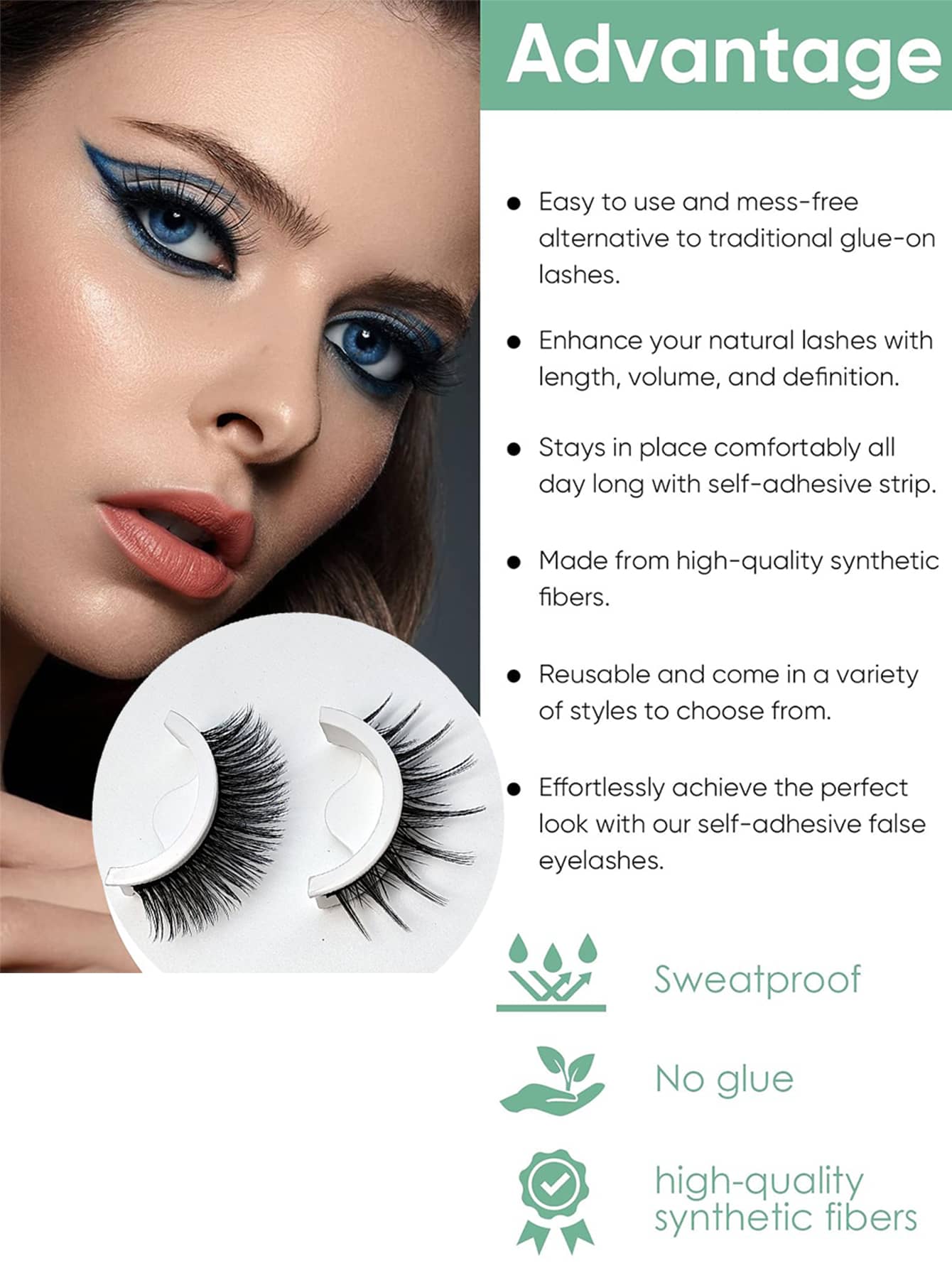 Self Adhesive Eyelashes, 2 Pairs Reusable Adhesive Eyelashes Without