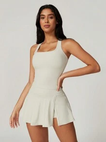 MASKERT 女士健身瑜伽跑步高弹力运动网球短裙 - 奶油白 - 查看 7