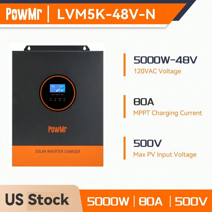 PowMr 5000W Solar Hybrid Inverter 48V DC To 110V AC 80A MPPT Controller PV 500V - US A Type Plug(110-127V) - View 1