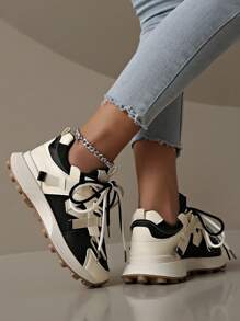 New Thick-Soled Women's Black & White Colorblock Chunky Sneakers, All Seasons Casual Breathable Mesh Running Elevator Fashion Sports Shoes
