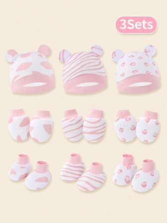 3 件套粉色新生儿护耳帽 + 防抓手套 + 婴儿鞋，适合日常穿着
