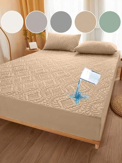 1pc Solid Color Waterproof Bed Sheet, Bedding, Fitted Sheet, Waterproof Mattress Cover, Soft And Comfortable Bedding For Bedroom, Skin-Friendly Mattress Protector, Dustproof And Moisture-Proof Mattress Protective, Ultrasonic Embossed Fitted Sheet For All Size Bed Twin Full King Queen Size, Independence DayIndependence Day Bedding, Bedding Gifts, Machine Washable
