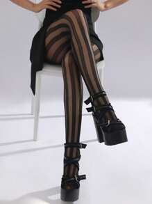 1 Pair Retro Thin Striped Pantyhose, Sheer Wide Vertical Stripe Tights, Slimming European Style Sexy