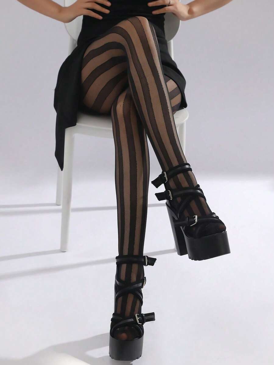 1 Pair Retro Thin Striped Pantyhose, Sheer Wide Vertical Stripe Tights, Slimming European Style Sexy