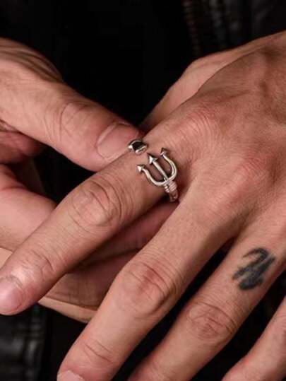 1pc Vintage Stainless Steel Adjustable Men's Trident Ring, Fashionable & Powerful Design, Ideal Gift For Friends